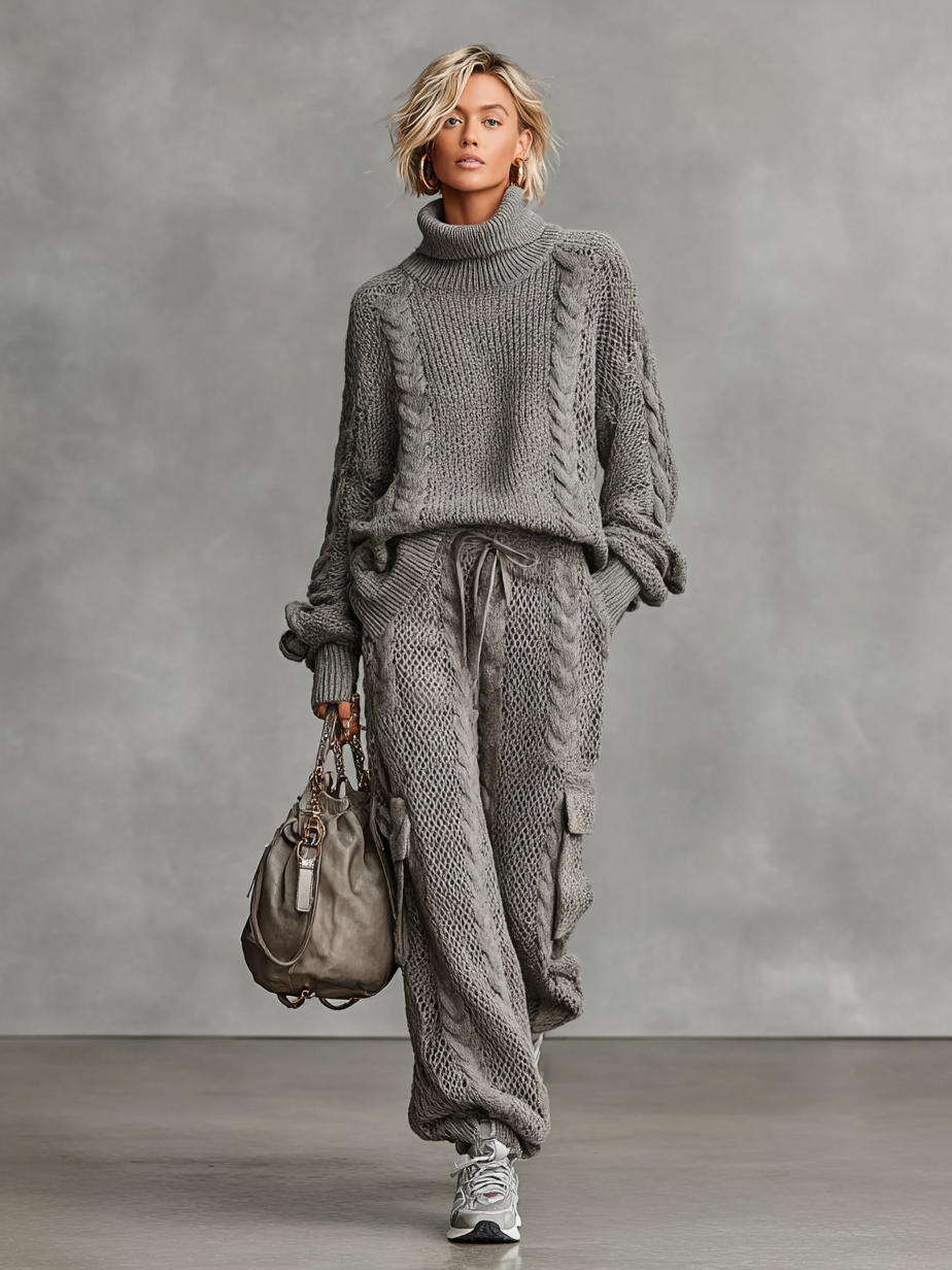 Gray - A woman wearing a matching grey cable knit two-piece set featuring a roll neck jumper and relaxed-fit cargo trousers with a drawstring waist.