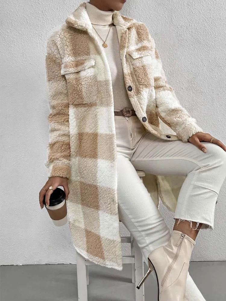 Khaki - Women's longline teddy coat featuring a large pink and white check pattern, collared neckline, and button-front closure, styled over a ribbed knit top and white denim.