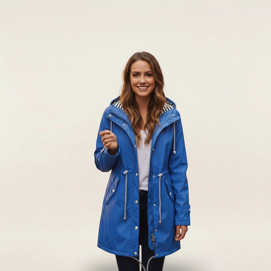 Blue - A woman wearing a vibrant red mid-length raincoat with a striped hood lining, featuring a drawstring waist and snap-button details, set against a neutral background.