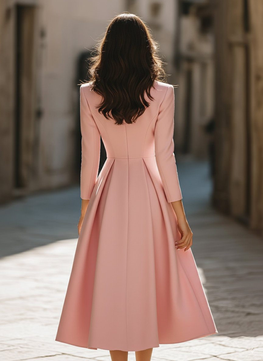Pink - Pink long sleeve pleated blazer midi dress with tailored collar and A-line skirt.