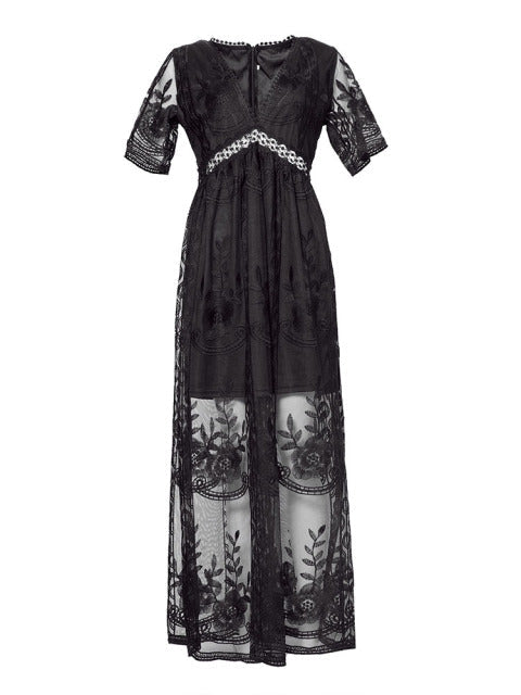 Black - Women's resort maxi dress featuring a deep V-neckline, short flutter sleeves, and intricate floral lace embroidery on a sheer overlay with a partial lining.