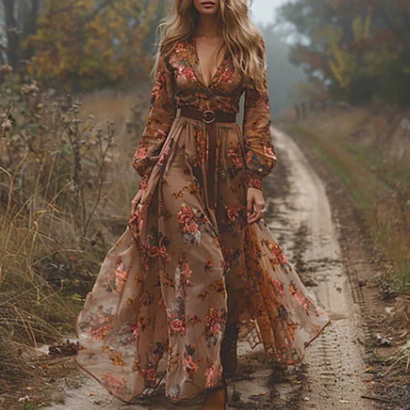 Dark Brown - A woman wearing a long sleeve georgette maxi dress featuring intricate floral embroidery, a button-up front, an adjustable tie waist, and a tiered flowing skirt.