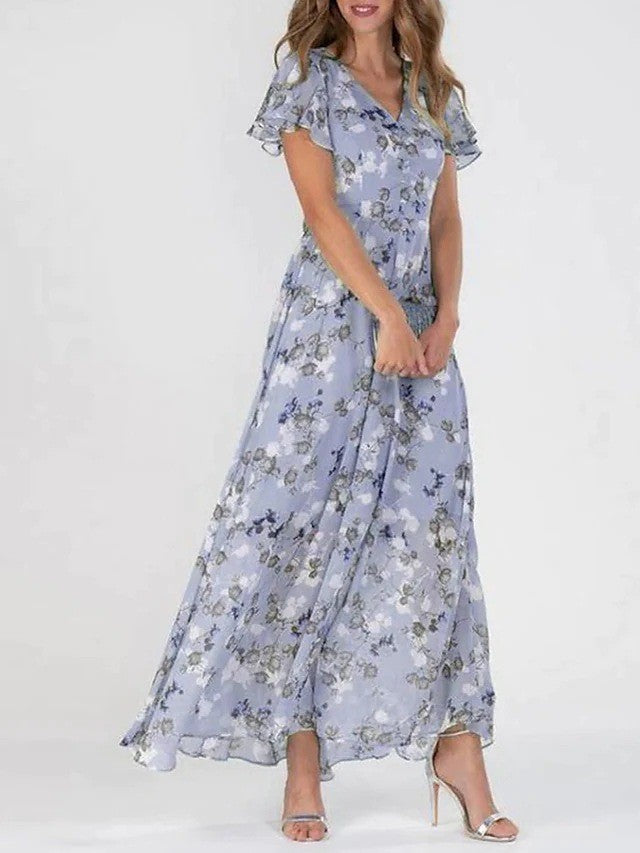 Purple - Women's light blue maxi dress featuring a white and grey floral print, V-neckline, short flutter sleeves, and a flowing sheer overlay skirt.