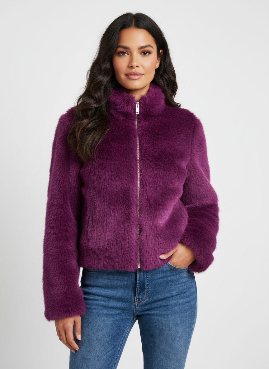 Purple - A woman wearing a rich brown plush faux fur cropped jacket with a high collar and gold-tone front zipper, styled over a white t-shirt and blue jeans.