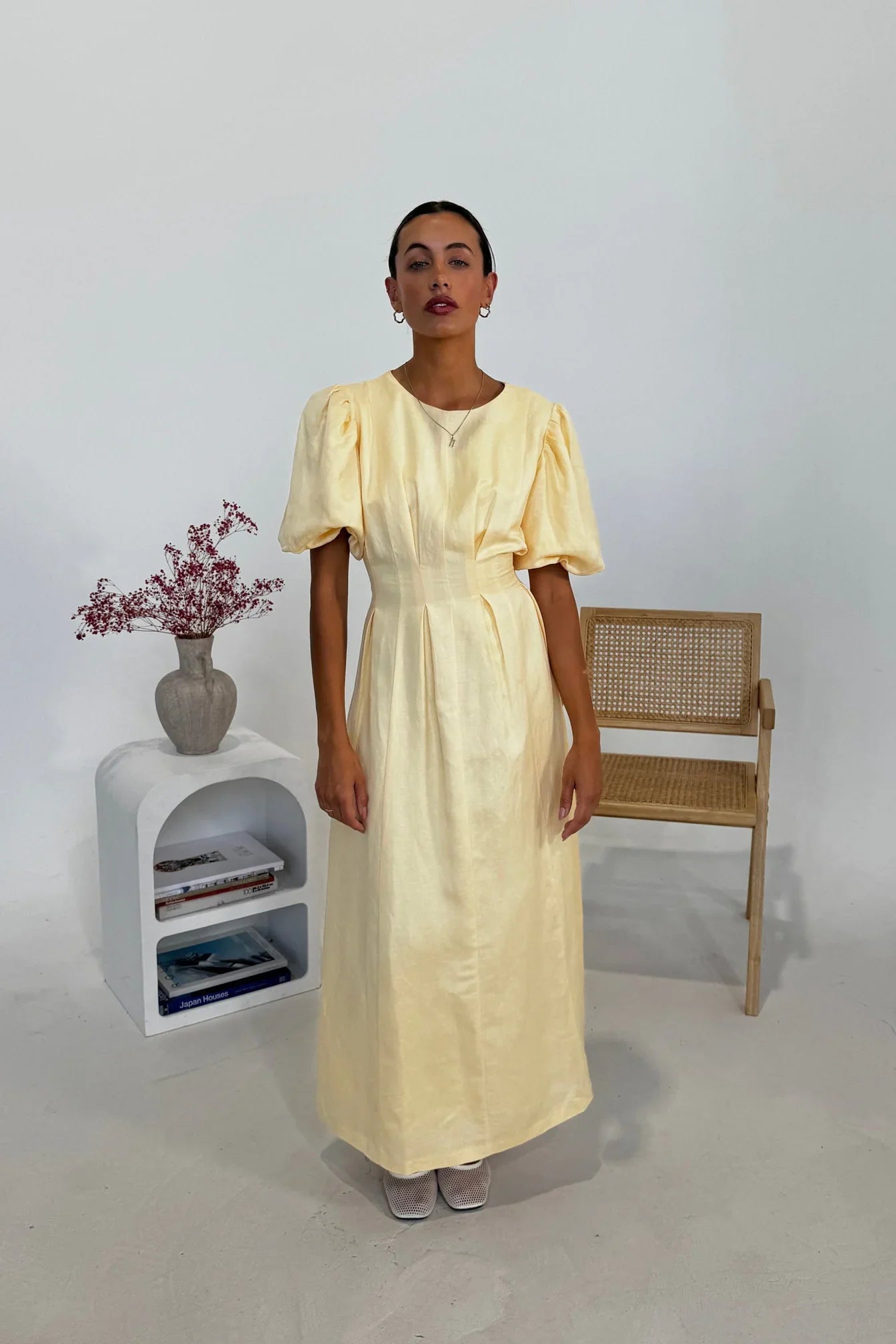 pale yellow midi dress Light Pleated | Womens | Large (Available in S, M) and a dainty bow detail Pleated Puff Sleeve Tiered V-Neck