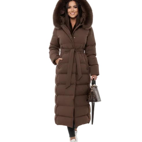 Brown - A woman wearing a longline black quilted puffer coat with a plush black fur-trimmed hood and a self-tie belted waist, set against a clean white background.