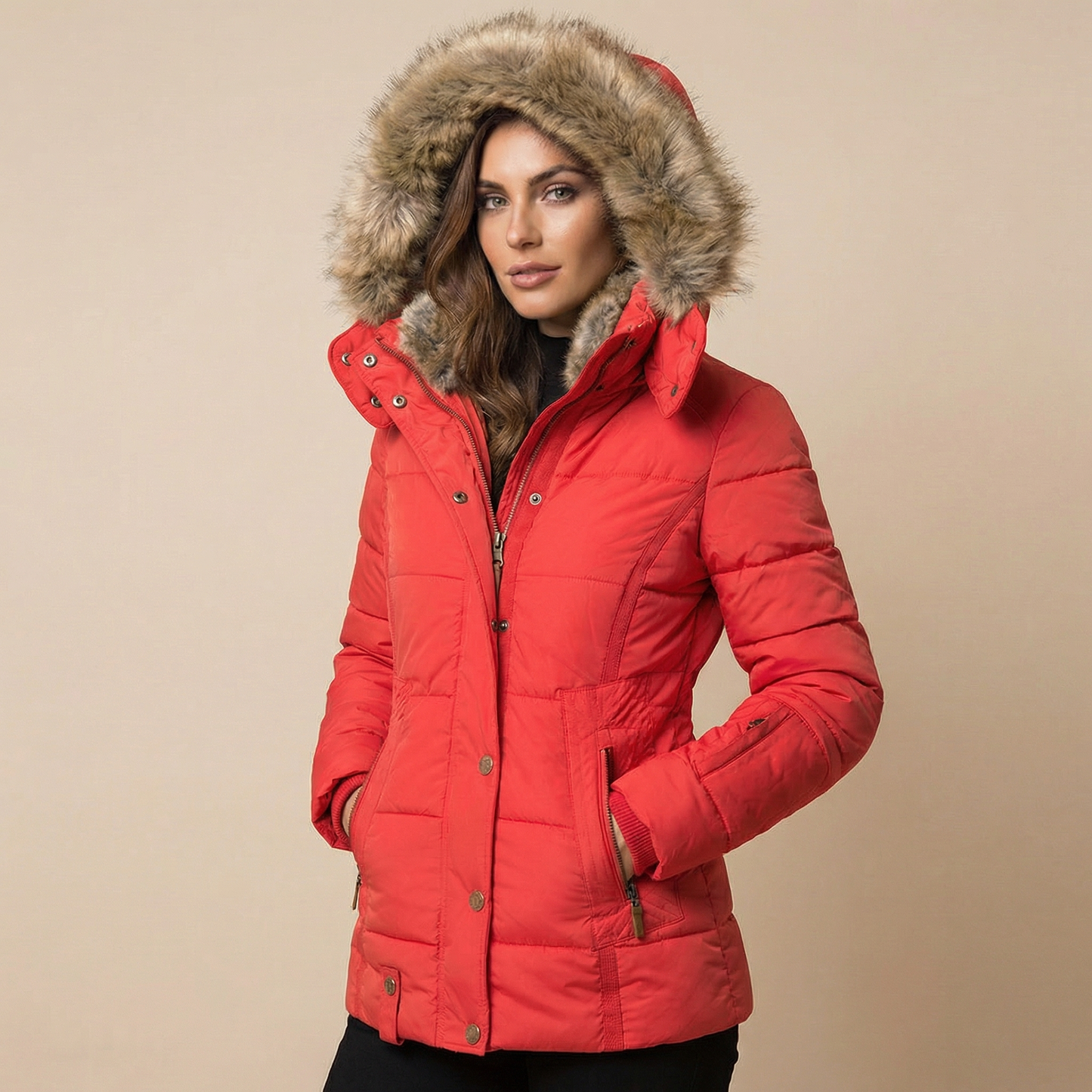 Red - A woman wearing a beige mid-length quilted puffer jacket with a plush faux-fur trimmed hood, featuring a zipped front and tailored waist.