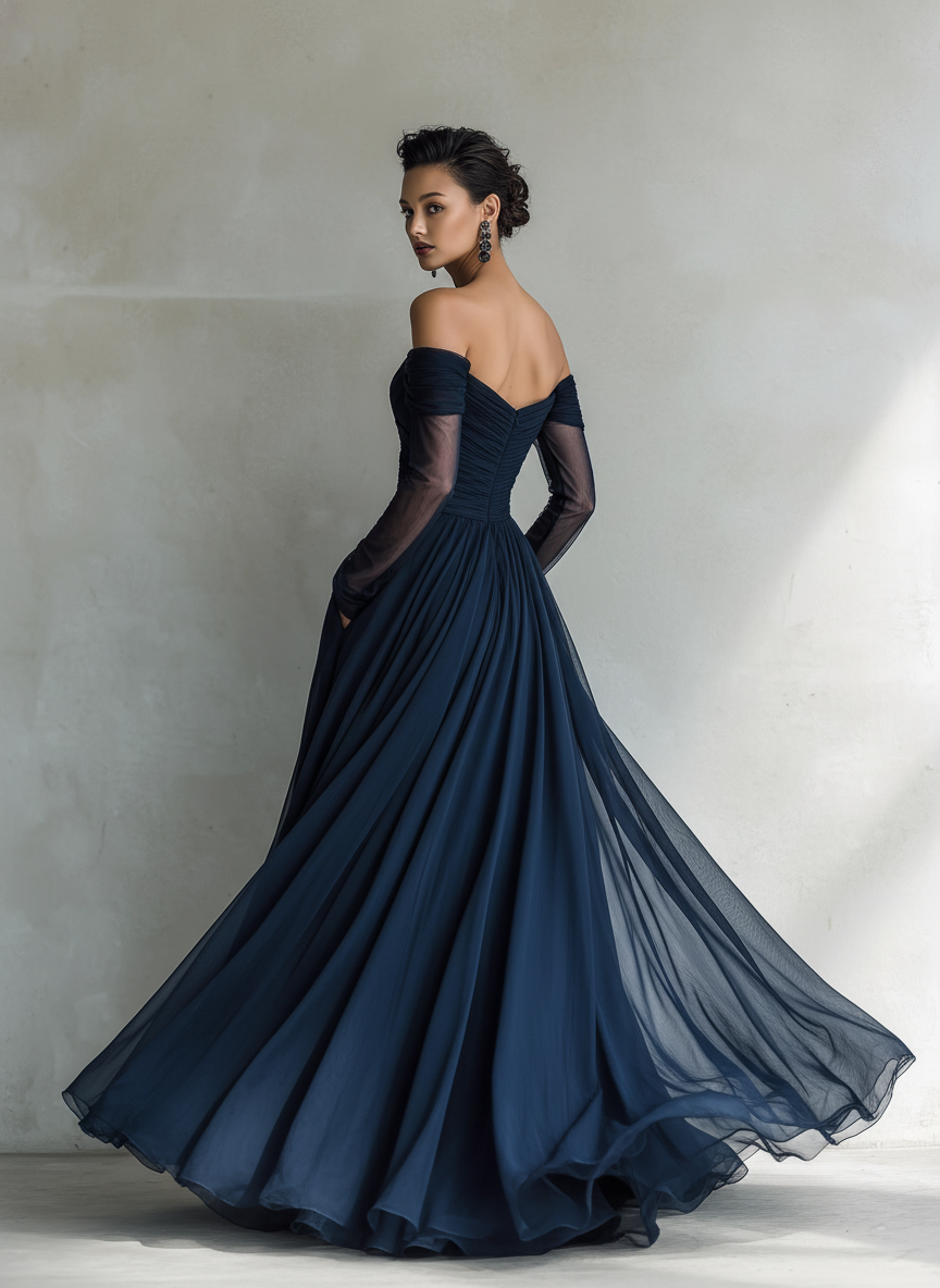 Dark Blue - A woman wearing a floor-length navy blue chiffon gown featuring an off-the-shoulder sweetheart neckline, sheer long sleeves, and a meticulously ruched bodice that drapes into a sweeping A-line skirt.