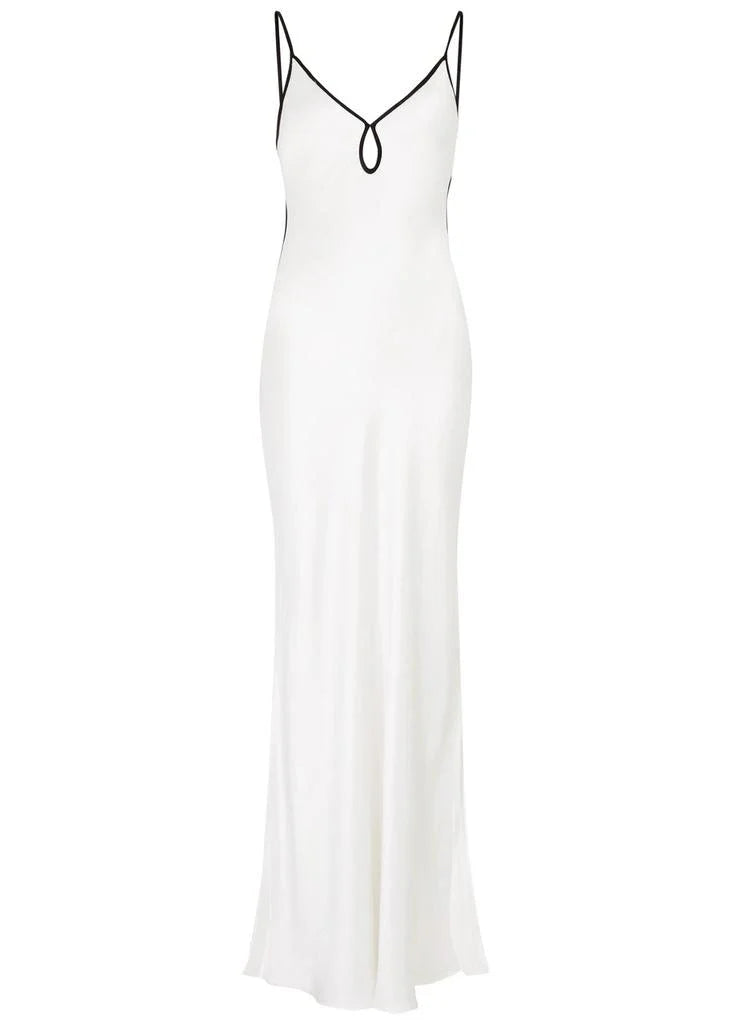 Women's formal white satin maxi slip dress featuring a V-neckline with a front keyhole cutout and thin black contrast piping along the straps and bust.
