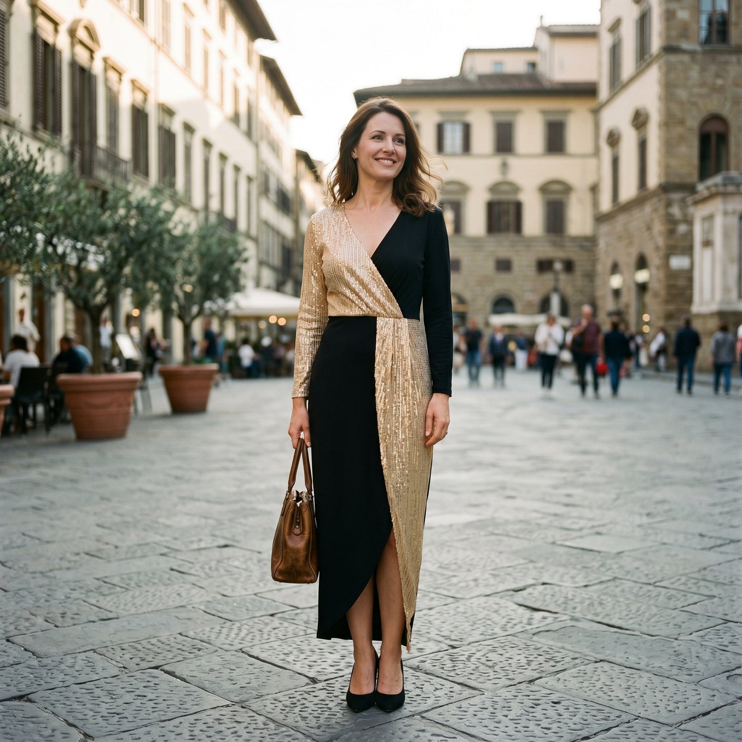 2XL(18) - A woman wearing a long-sleeved midi dress featuring a split design with one half in gold sequins and the other half in solid black, styled with black heels against a plain white background.