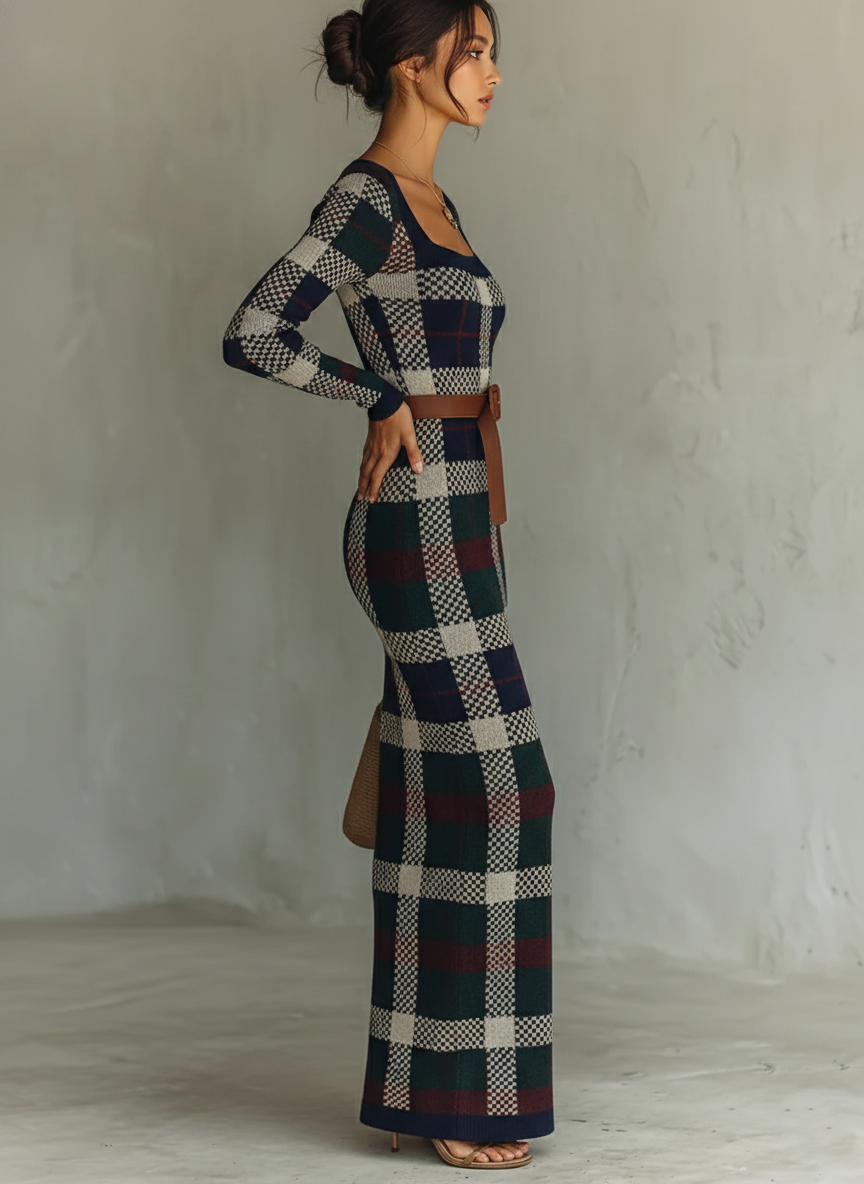 Navy - A woman wearing a long-sleeve, square-neck maxi knit dress featuring a classic navy, green, and white plaid pattern, styled with a brown leather belt at the waist.