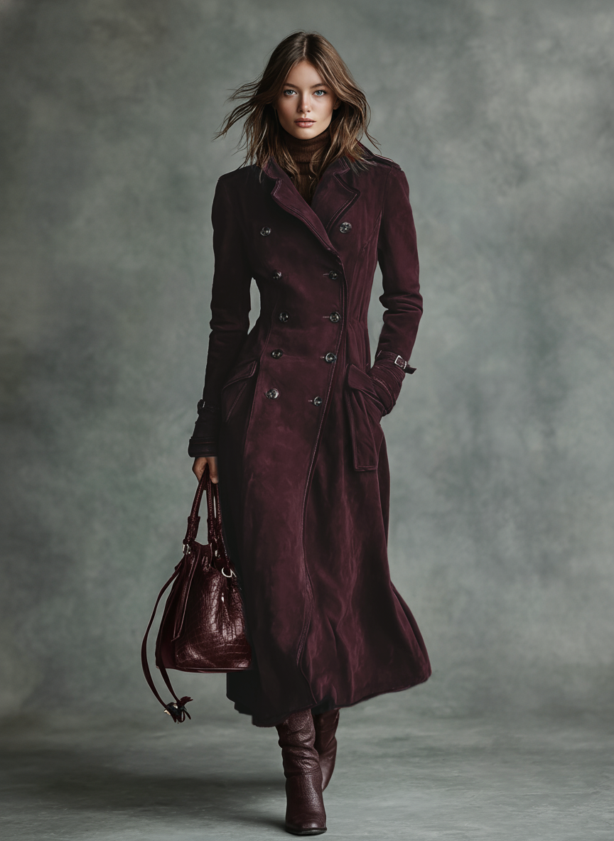 Cabernet - A woman wearing a long, double-breasted brown suede trench coat with dark contrast piping, featuring a tailored waist, notch lapels, and flap pockets.