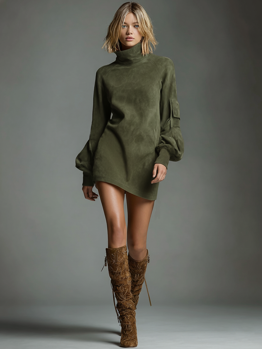 ArmyGreen - A model wears a tan-coloured brushed suede mini dress with a high funnel neck, voluminous long balloon sleeves featuring a utility pocket, and a relaxed shift silhouette, paired with textured knee-high boots.
