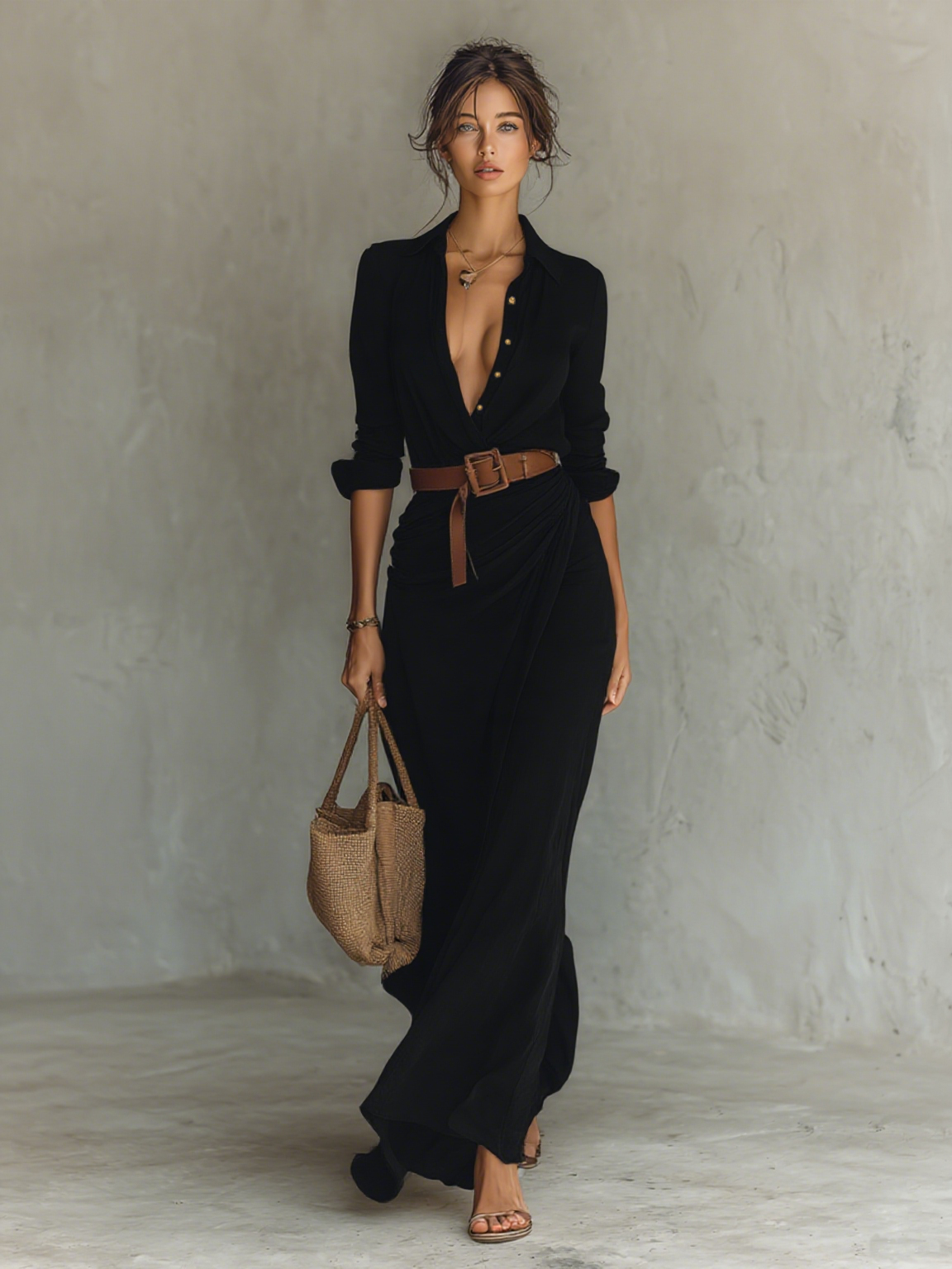 Black - A woman wearing a sand-coloured textured crepe maxi shirt dress with a collared neckline, unbuttoned front, ruched draped waist, and long sleeves, accessorised with a brown leather belt.