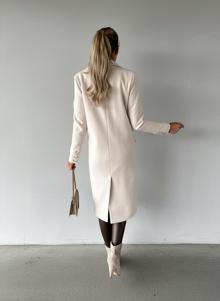 Brown - A woman wearing a cream-coloured, double-breasted longline coat with notched lapels and flap pockets, styled with a cream knit sweater and holding a beige leather handbag.