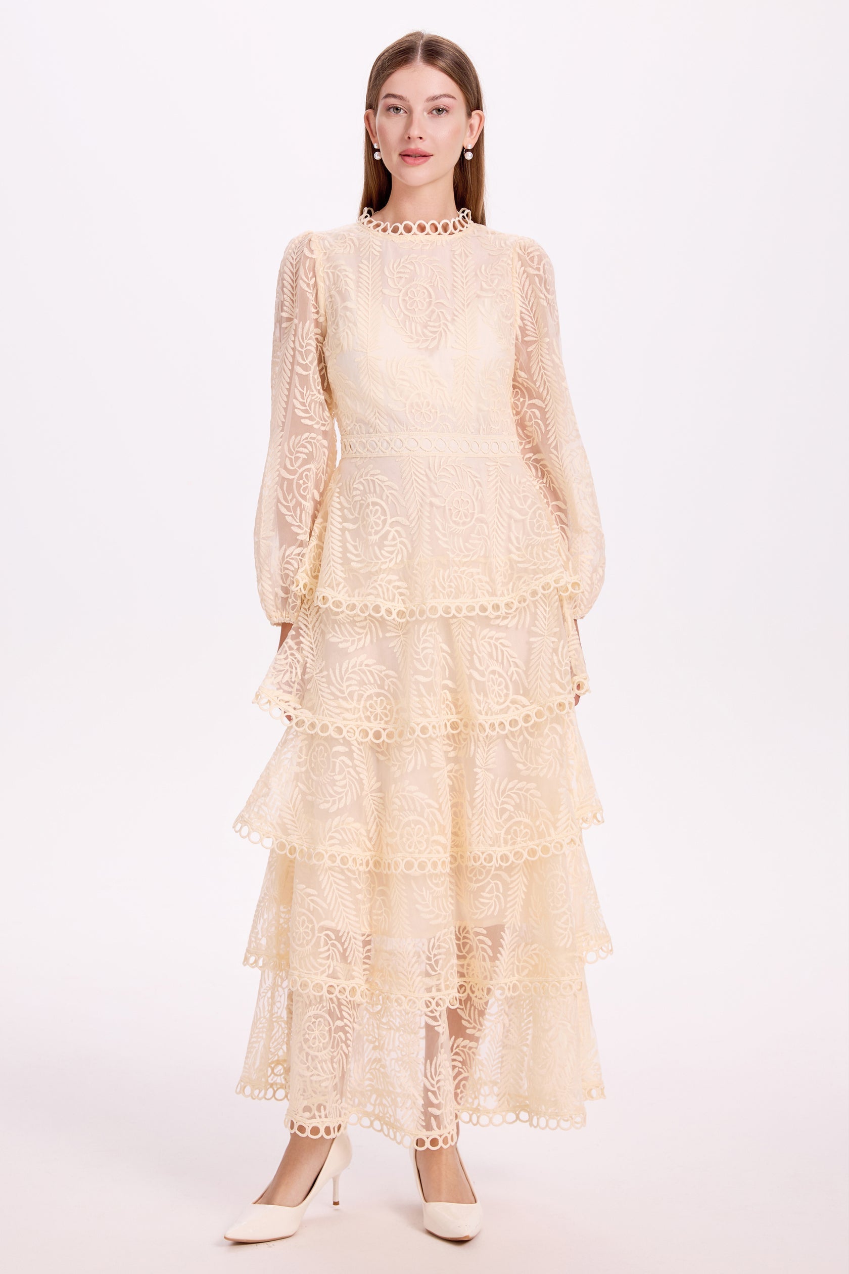 Lace Floral Motif Tiered High Neck Maxi Dress – RubyLore