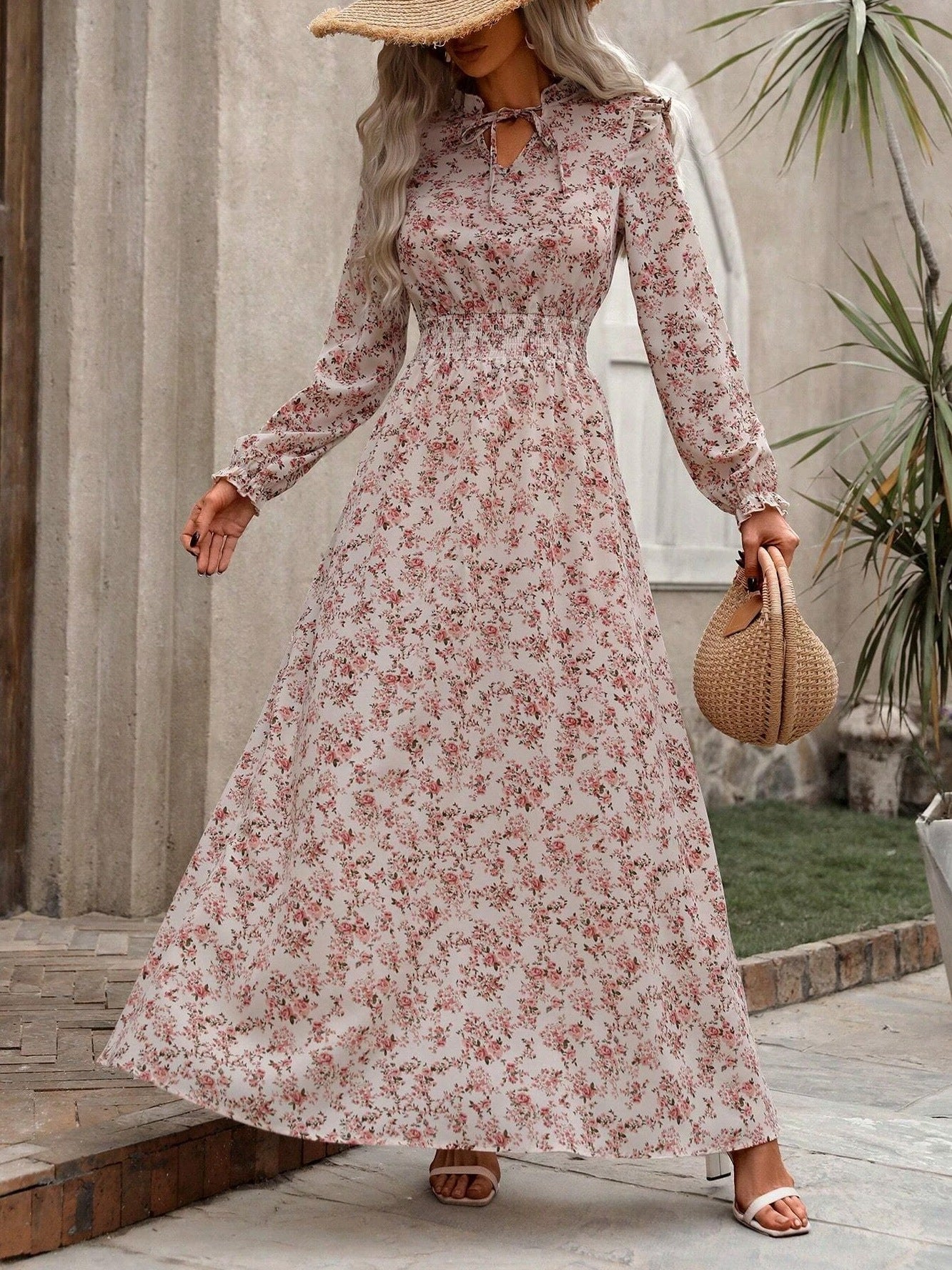 Crepe Floral Long Sleeve Shirred Tie Neck Maxi Dress