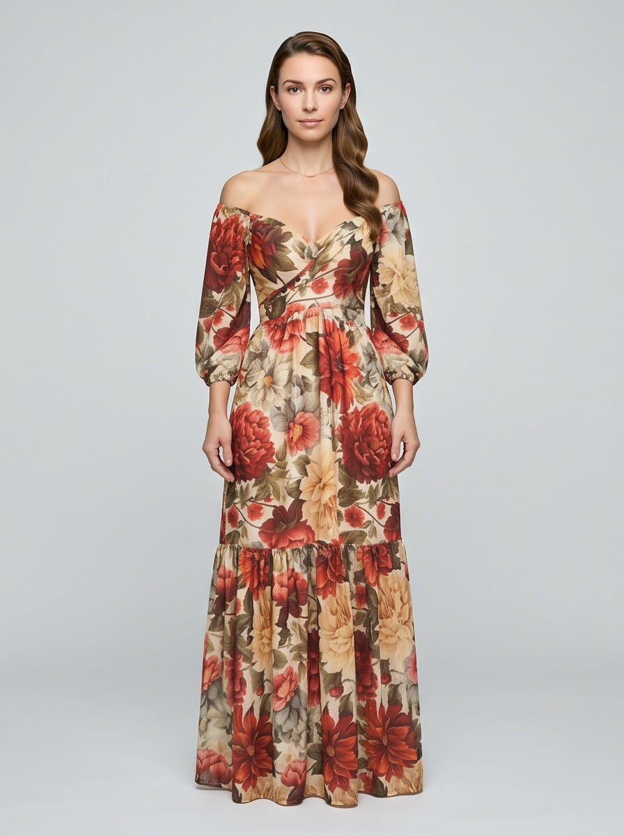 Georgette Floral Off Shoulder Maxi Dress