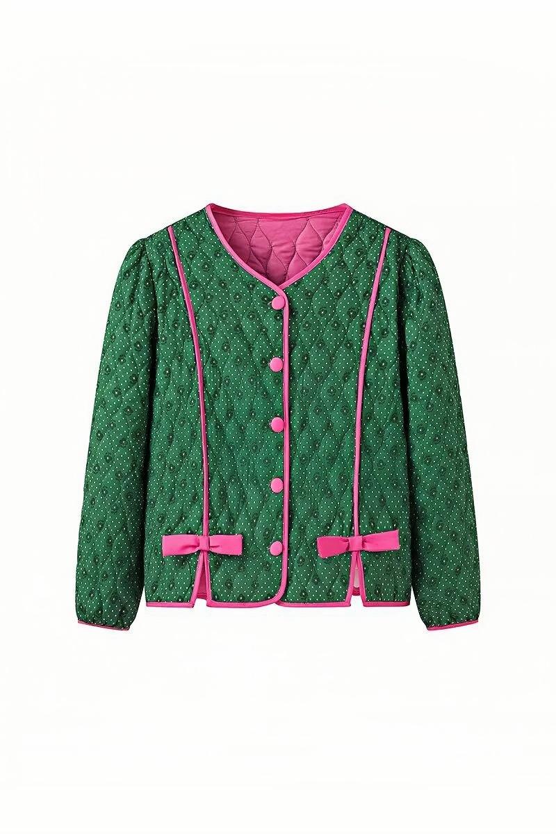Green - Women's green diamond-quilted cropped jacket featuring a tiny floral print, bright pink contrast trim, and fabric-covered button closures, styled open over a white top.