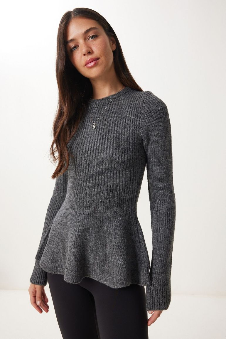 Charcoal - Women's grey long-sleeve ribbed knit sweater featuring a crew neckline and a flared peplum hem.