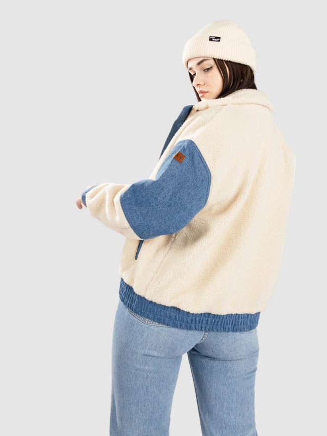 XL - Women's heavyweight cream sherpa bomber jacket featuring blue denim contrast panelling on the sleeves, front placket, and trims, styled with a relaxed fit and stand collar.
