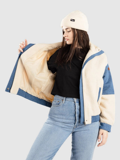 XL - Women's heavyweight cream sherpa bomber jacket featuring blue denim contrast panelling on the sleeves, front placket, and trims, styled with a relaxed fit and stand collar.