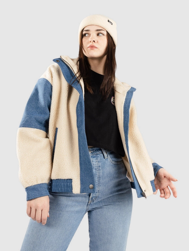 XL - Women's heavyweight cream sherpa bomber jacket featuring blue denim contrast panelling on the sleeves, front placket, and trims, styled with a relaxed fit and stand collar.