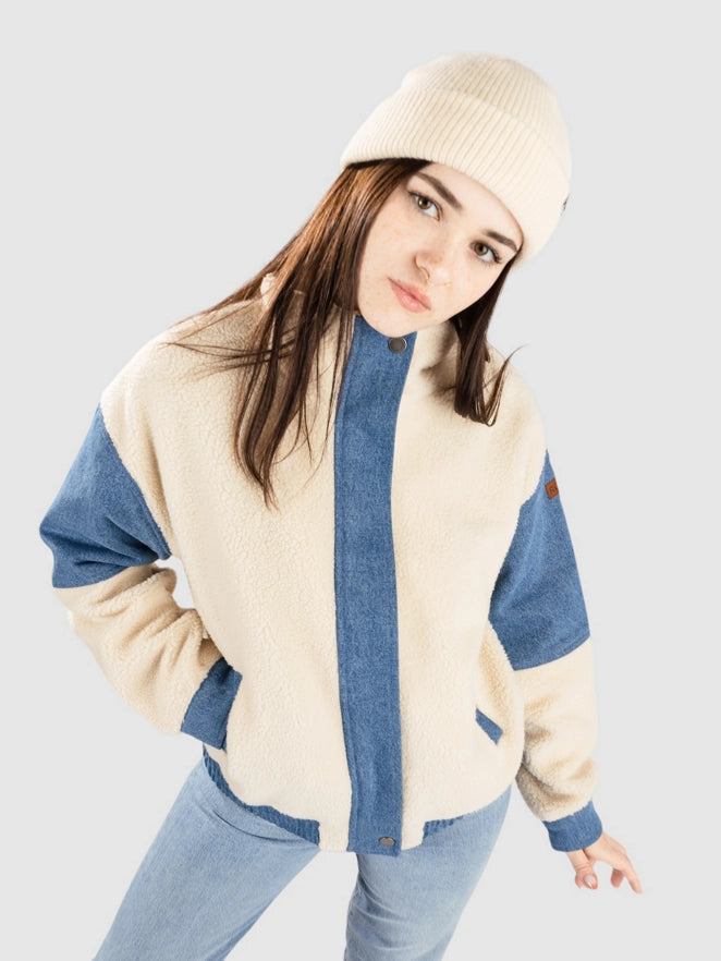 XL - Women's heavyweight cream sherpa bomber jacket featuring blue denim contrast panelling on the sleeves, front placket, and trims, styled with a relaxed fit and stand collar.