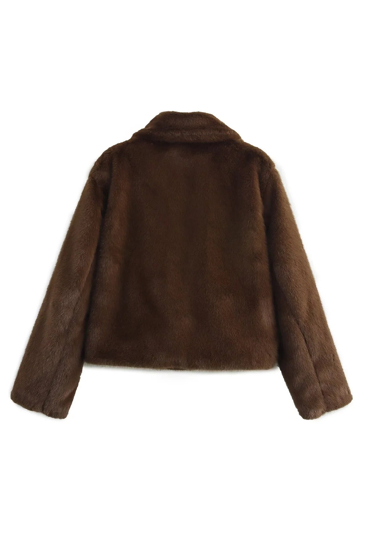 Brown - A woman stands outdoors in an urban setting wearing a plush, dark brown cropped faux fur jacket with a wide collar, styled with a mini skirt and knee-high boots.