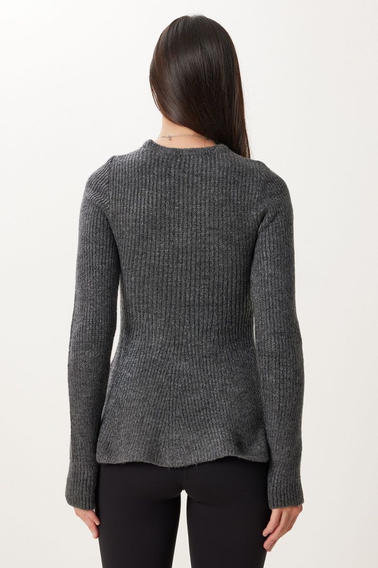 Charcoal - Women's grey long-sleeve ribbed knit sweater featuring a crew neckline and a flared peplum hem.