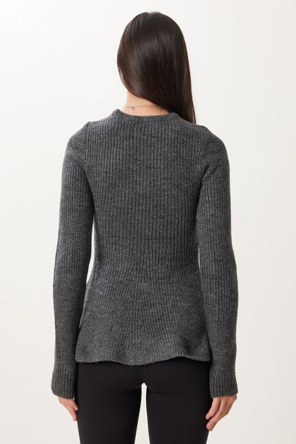 Charcoal - Women's grey long-sleeve ribbed knit sweater featuring a crew neckline and a flared peplum hem.