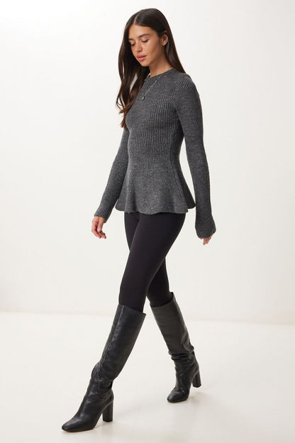 Charcoal - Women's grey long-sleeve ribbed knit sweater featuring a crew neckline and a flared peplum hem.