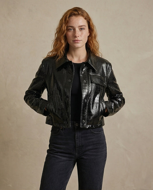Croc-Embossed Leather Trucker Jacket