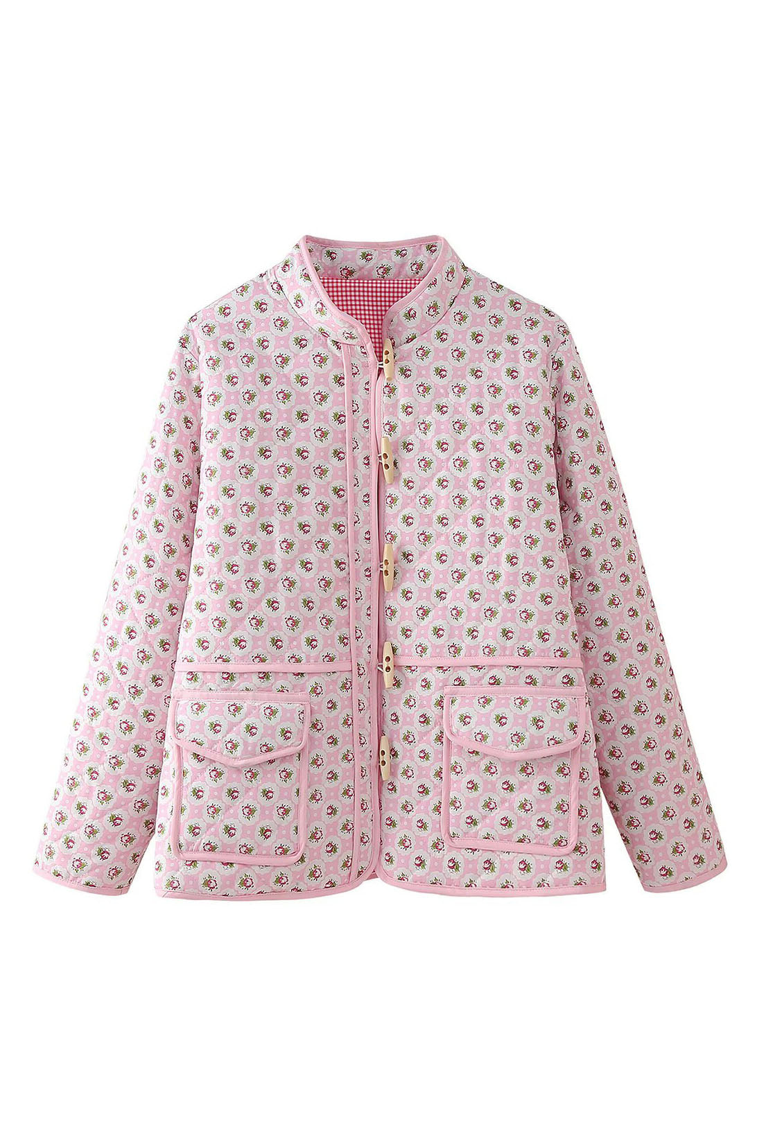 Pink - Women's olive green onion quilted jacket featuring a button-front closure, ribbed collar, and rolled cuffs revealing a contrast leopard print lining.