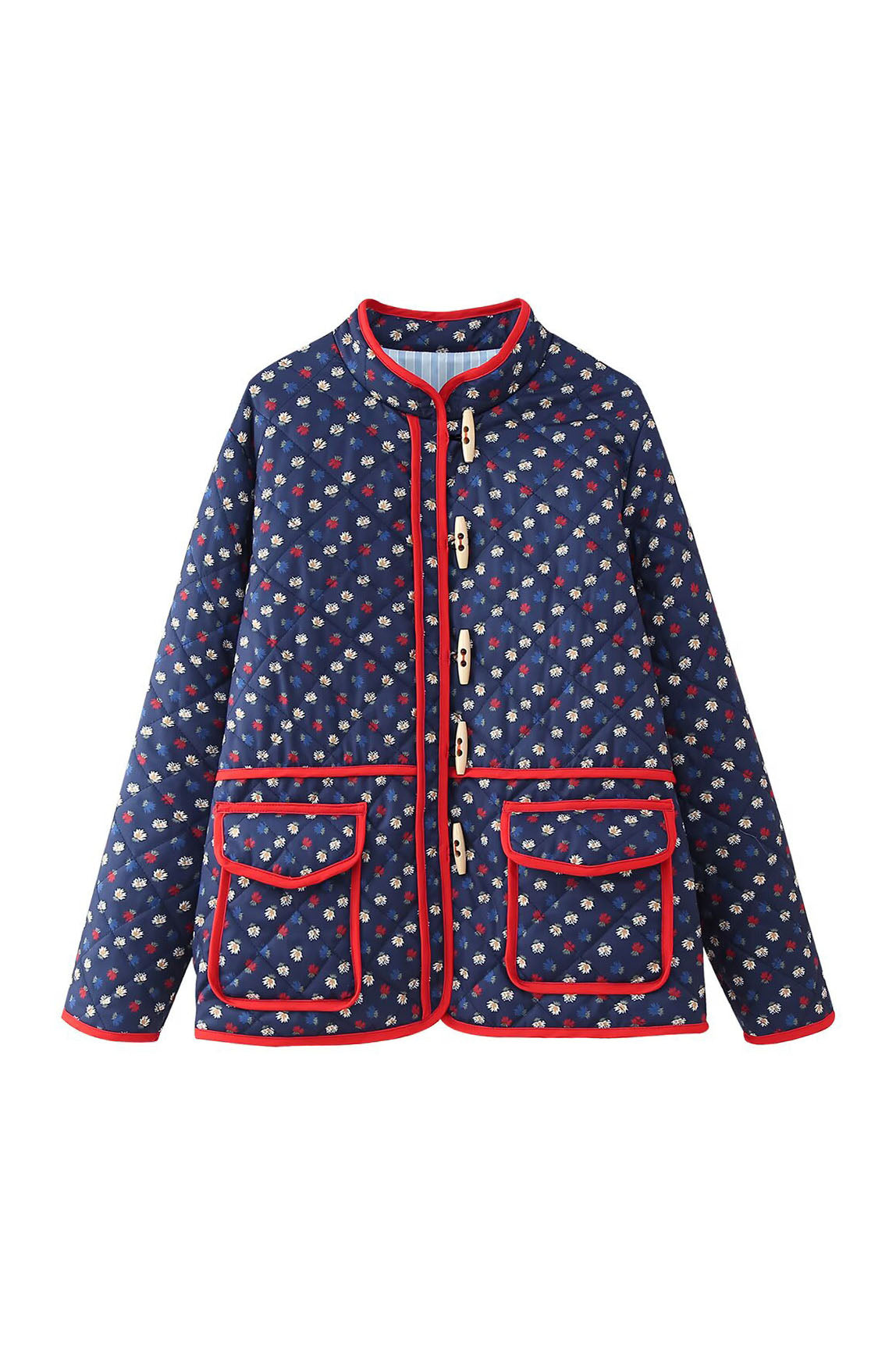 Blue - Women's olive green onion quilted jacket featuring a button-front closure, ribbed collar, and rolled cuffs revealing a contrast leopard print lining.