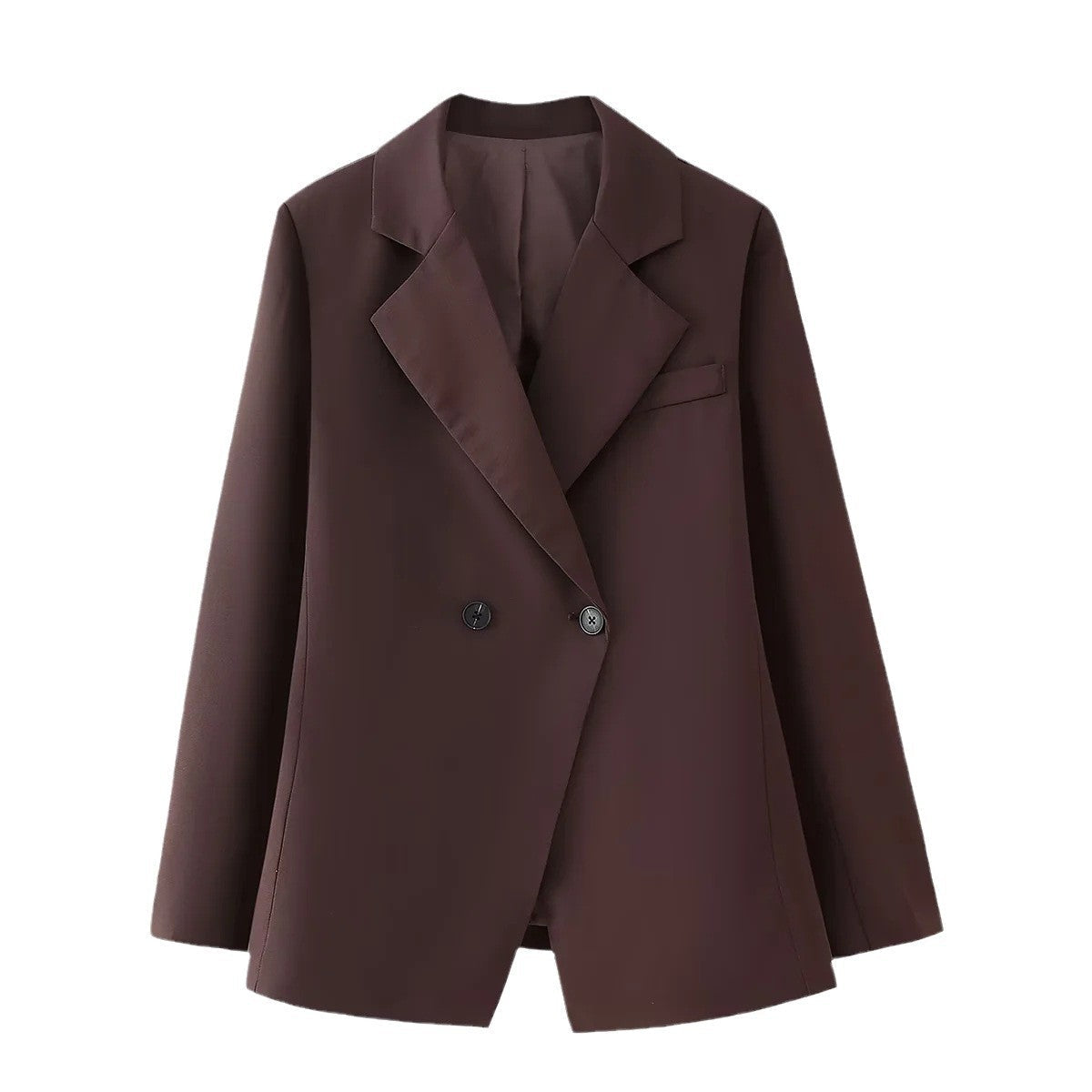 Brown - A woman wearing a brown oversized double-breasted blazer with peak lapels over a matching satin midi skirt.