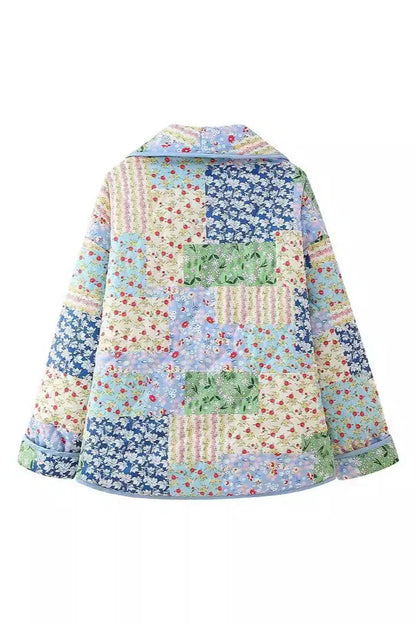 Multicolor - Women's relaxed-fit quilted jacket featuring a vibrant patchwork floral print in pastel greens and blues, styled open with contrast edge binding.