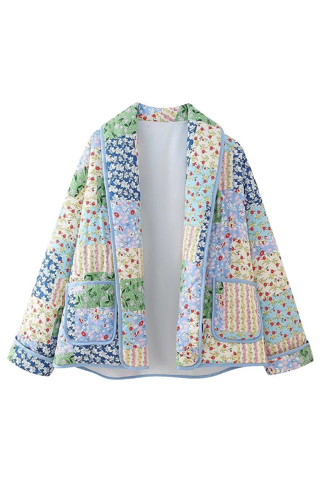 Multicolor - Women's relaxed-fit quilted jacket featuring a vibrant patchwork floral print in pastel greens and blues, styled open with contrast edge binding.