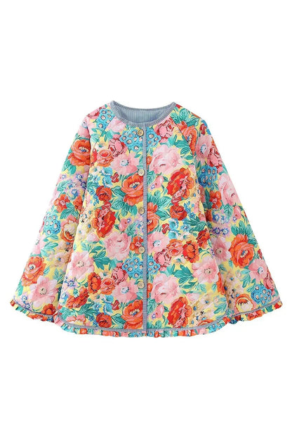 Women's longline quilted jacket featuring a bright, oversized floral print on a yellow background, finished with contrasting blue and white striped trim around the edges and cuffs, and a wooden-style button-front closure.
