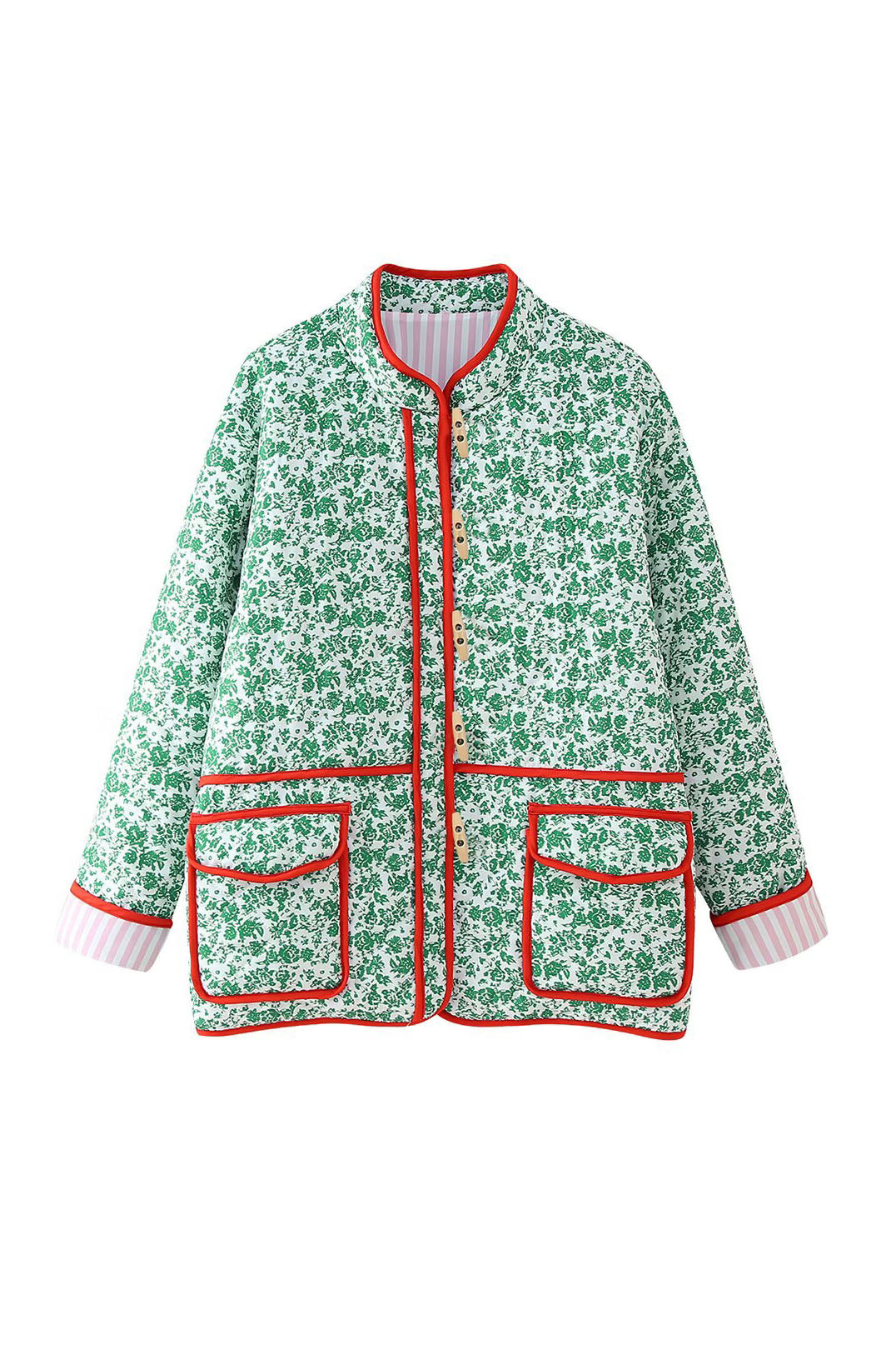 Green - Women's olive green onion quilted jacket featuring a button-front closure, ribbed collar, and rolled cuffs revealing a contrast leopard print lining.