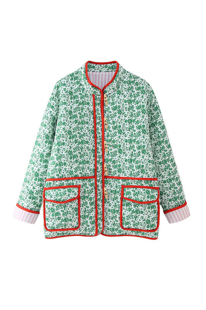 Green - Women's olive green onion quilted jacket featuring a button-front closure, ribbed collar, and rolled cuffs revealing a contrast leopard print lining.