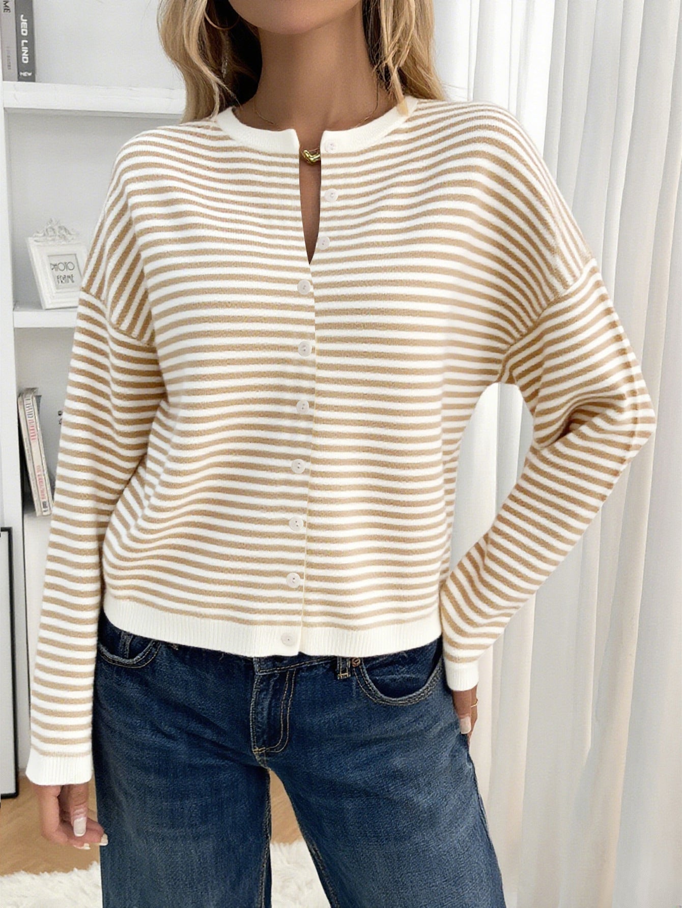 Karki - Women's smart casual relaxed knit cardigan featuring tan and white horizontal stripes, a button-front closure, and drop shoulders.