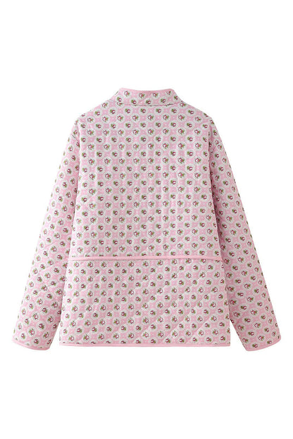 Pink - Women's olive green onion quilted jacket featuring a button-front closure, ribbed collar, and rolled cuffs revealing a contrast leopard print lining.