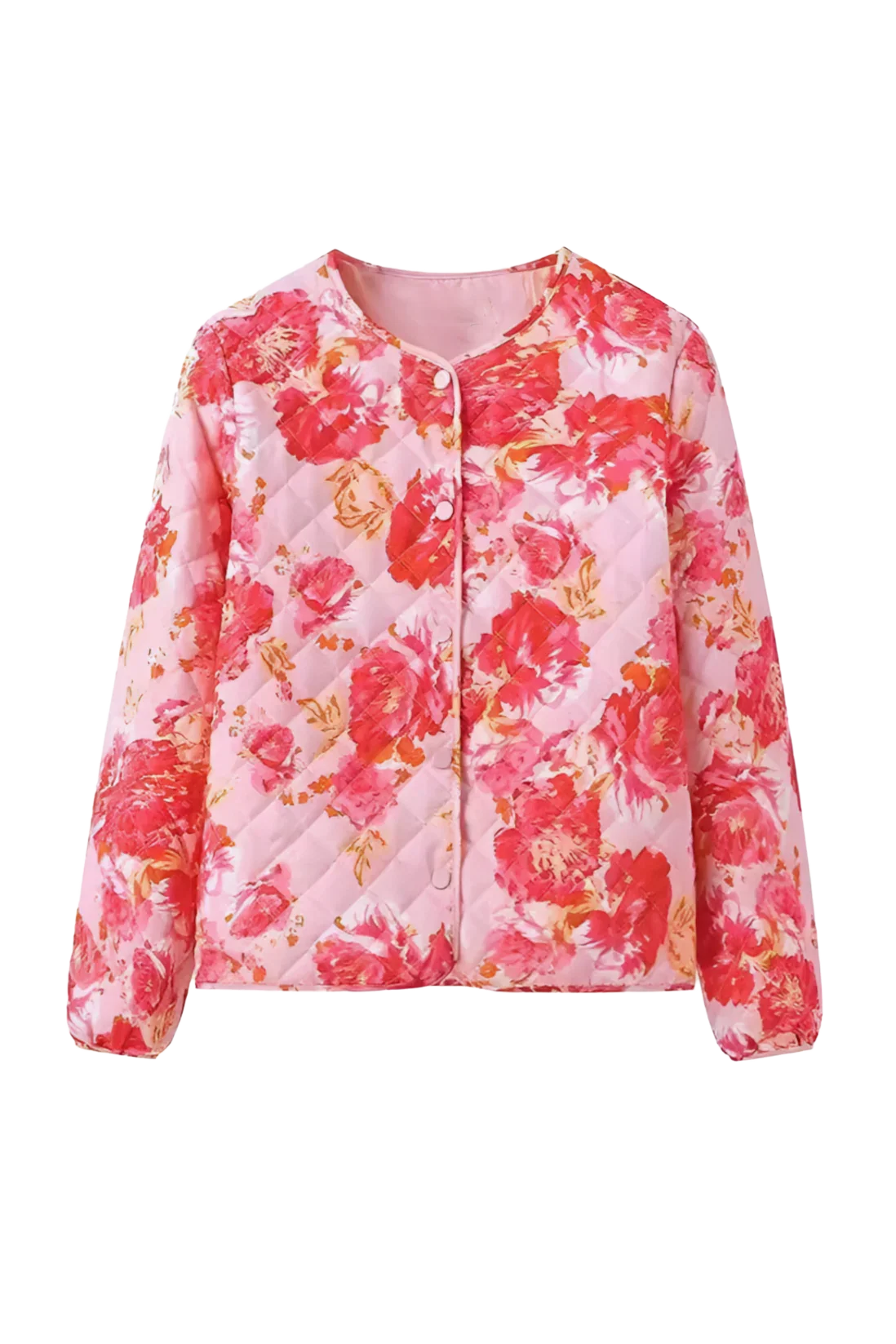 Red - Woman wearing a vibrant pink and red floral quilted bomber jacket with snap buttons, paired with light wash denim jeans and carrying a green fringed bag.