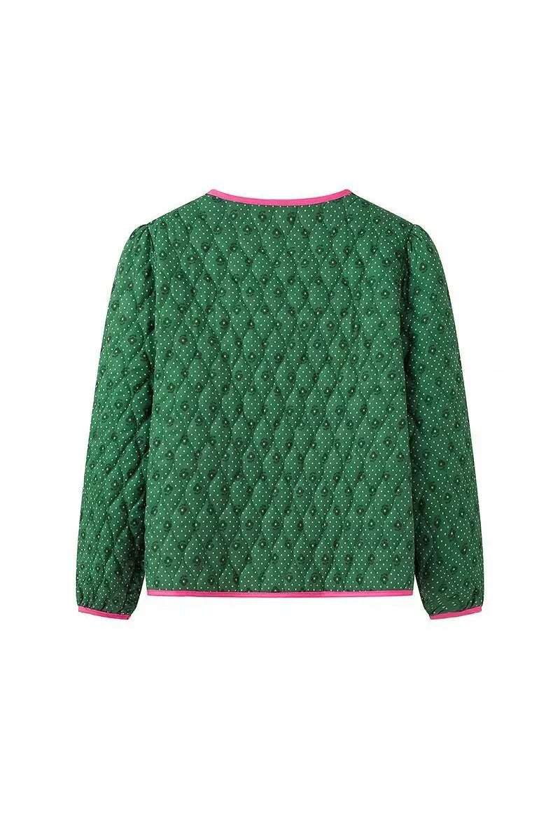 Green - Women's green diamond-quilted cropped jacket featuring a tiny floral print, bright pink contrast trim, and fabric-covered button closures, styled open over a white top.