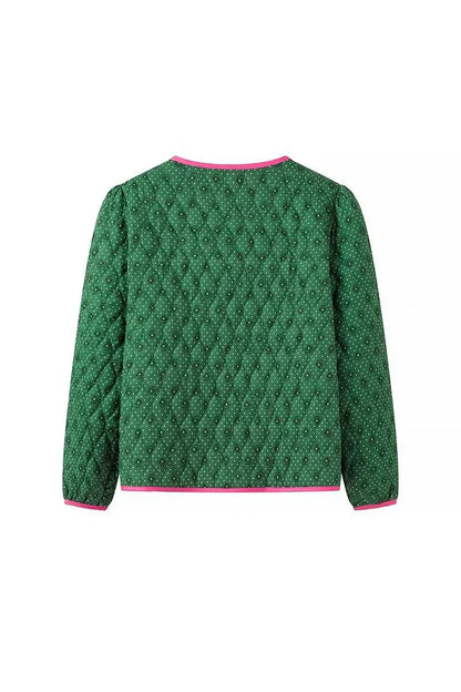 Green - Women's green diamond-quilted cropped jacket featuring a tiny floral print, bright pink contrast trim, and fabric-covered button closures, styled open over a white top.