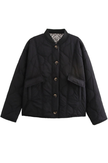 Black - Women's olive green onion quilted jacket featuring a button-front closure, ribbed collar, and rolled cuffs revealing a contrast leopard print lining.