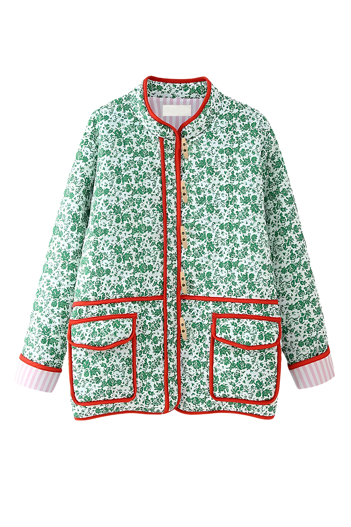 Green - Woman wearing a green and white ditsy floral quilted jacket with red piped trim over a pink striped dress.