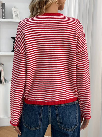 Red - Women's smart casual knit cardigan featuring red and white horizontal stripes, a button-front closure, and a relaxed fit, styled with blue jeans.