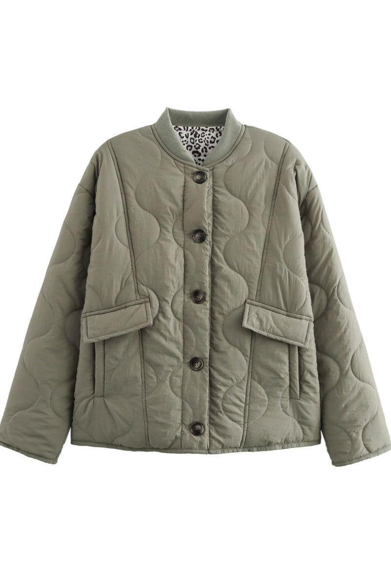 Dark Green - Women's olive green onion quilted jacket featuring a button-front closure, ribbed collar, and rolled cuffs revealing a contrast leopard print lining.